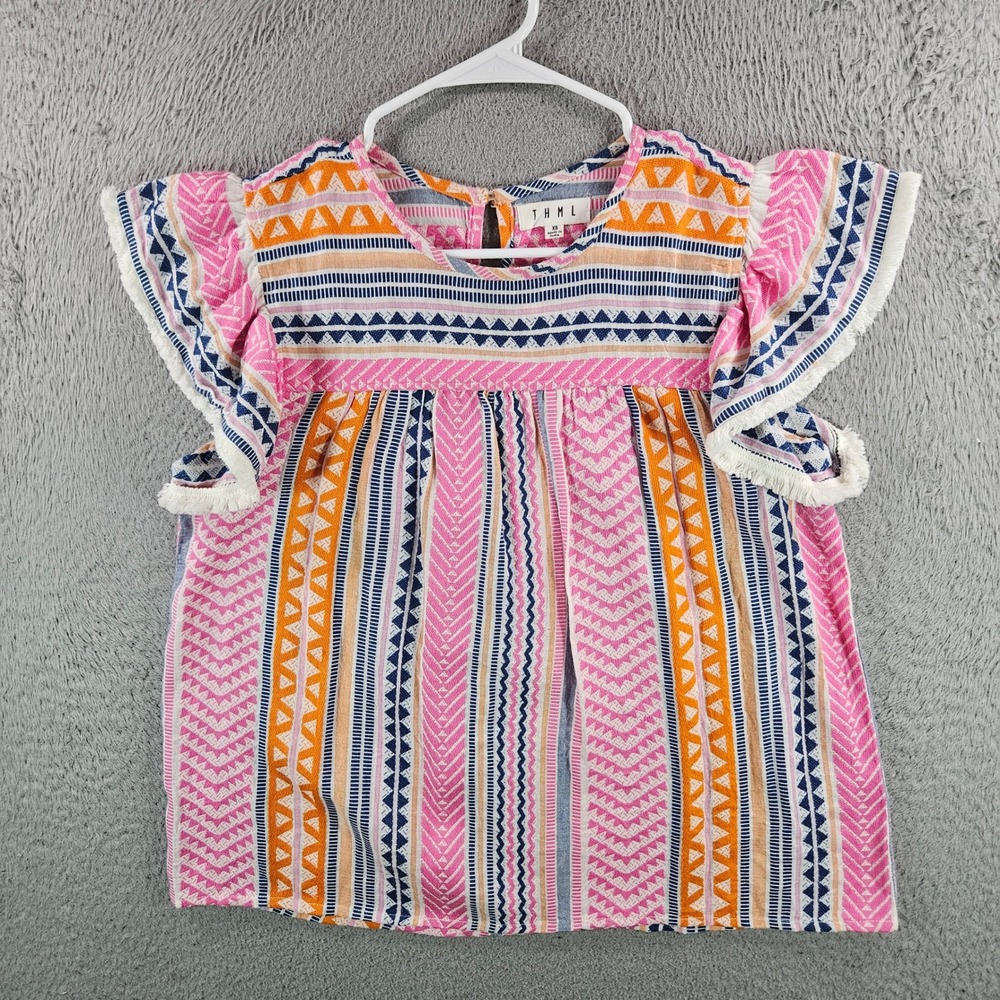 THML Pink Orange Blue Geometric Tribal Fringe Flutter Sleeve Top XS